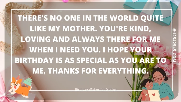 There's no one in the world quite like my mother. You're kind, loving and always there for me when I need you. I hope your birthday is as special as you are to me. Thanks for everything.