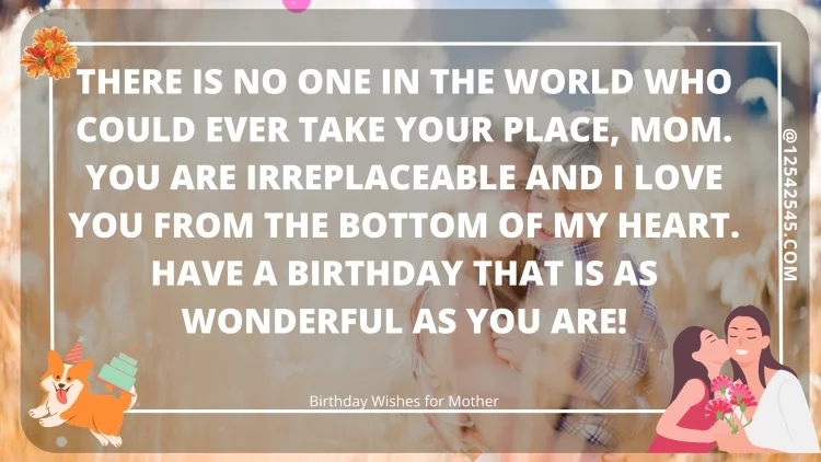 There is no one in the world who could ever take your place, Mom. You are irreplaceable and I love you from the bottom of my heart. Have a birthday that is as wonderful as you are!