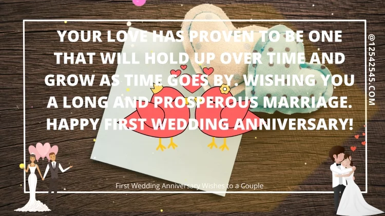 Your love has proven to be one that will hold up over time and grow as time goes by. Wishing you a long and prosperous marriage. Happy first wedding anniversary!