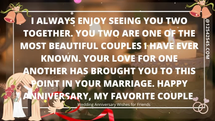 I always enjoy seeing you two together. You two are one of the most beautiful couples I have ever known. Your love for one another has brought you to this point in your marriage. Happy Anniversary, my favorite couple.