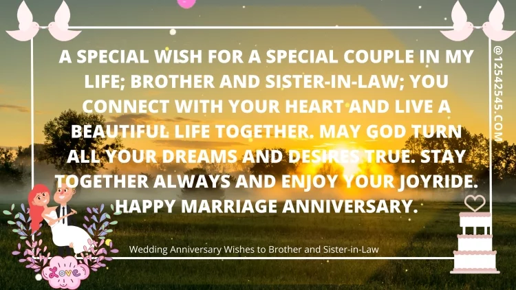 A special wish for a special couple in my life; brother and sister-in-law; you connect with your heart and live a beautiful life together. May God turn all your dreams and desires true. Stay together always and enjoy your joyride. Happy marriage anniversary.