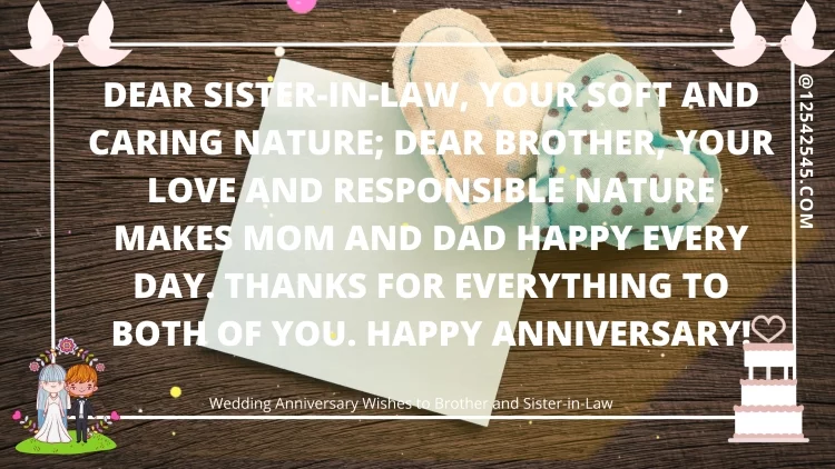 Dear Sister-in-law, your soft and caring nature; dear brother, your love and responsible nature makes mom and dad happy every day. Thanks for everything to both of you. Happy anniversary!