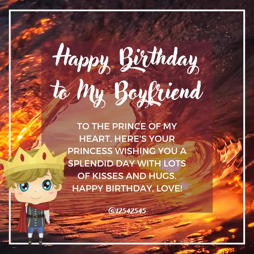 To the prince of my heart. Here's your princess wishing you a splendid day with lots of kisses and hugs. Happy Birthday, love!